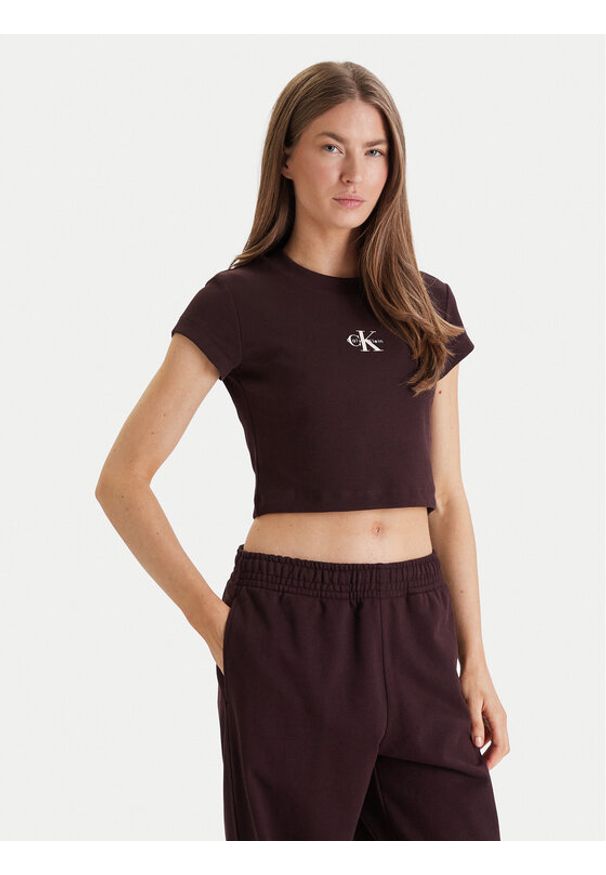 Calvin Klein Jeans T-Shirt LV047AB802 Brązowy Slim Fit. Kolor: brązowy. Materiał: bawełna