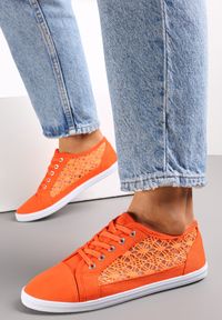 Born2be - Pomarańczowe Tenisówki z Ażurowymi Bokami Ariemessa. Okazja: do pracy, na co dzień. Zapięcie: sznurówki. Kolor: pomarańczowy. Materiał: materiał, jeans. Wzór: ażurowy. Sezon: lato. Styl: casual #2