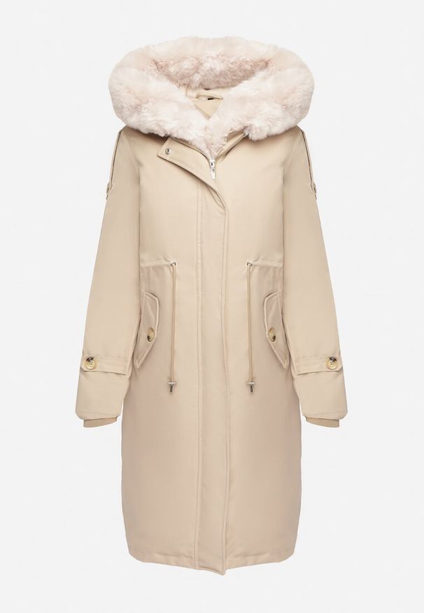 Born2be - Jasnobeżowa Kurtka Parka z Kapturem Futrzaną Wyściółką i Ściągaczem w Talii Semarien. Okazja: na co dzień. Typ kołnierza: kaptur. Kolor: beżowy. Materiał: futro. Długość rękawa: długi rękaw. Długość: długie. Styl: klasyczny, casual