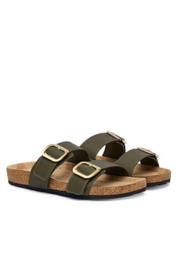 TOMMY HILFIGER - Tommy Hilfiger Klapki Leather Double Strap Cork Sandals FW0FW09118 Zielony. Kolor: zielony. Materiał: skóra