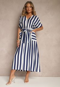 Renee - Niebieska Pudełkowa Sukienka z Wiskozą z Motywem Pasków i Wiązaniem Lumierae. Okazja: na co dzień. Kolor: niebieski. Materiał: wiskoza. Styl: elegancki, casual