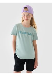 4f - 4F T-shirt z nadrukiem dziewczęcy - turkusowy 164 (13-14 lat). Okazja: na co dzień. Kolor: turkusowy. Materiał: bawełna, jersey, dzianina. Długość rękawa: krótki rękaw. Długość: krótkie. Wzór: nadruk. Sezon: lato. Styl: sportowy, klasyczny, casual