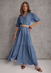 Renee - Jasnoniebieska Koszulowa Sukienka z Wiskozą Paskiem z Plecionki i Bufkami Nedara. Okazja: na co dzień. Kolor: niebieski. Materiał: wiskoza. Typ sukienki: koszulowe. Styl: casual #3