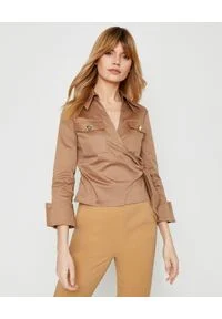 Elisabetta Franchi - ELISABETTA FRANCHI - Beżowa koszula z wiązaniem. Kolor: beżowy. Wzór: aplikacja #1