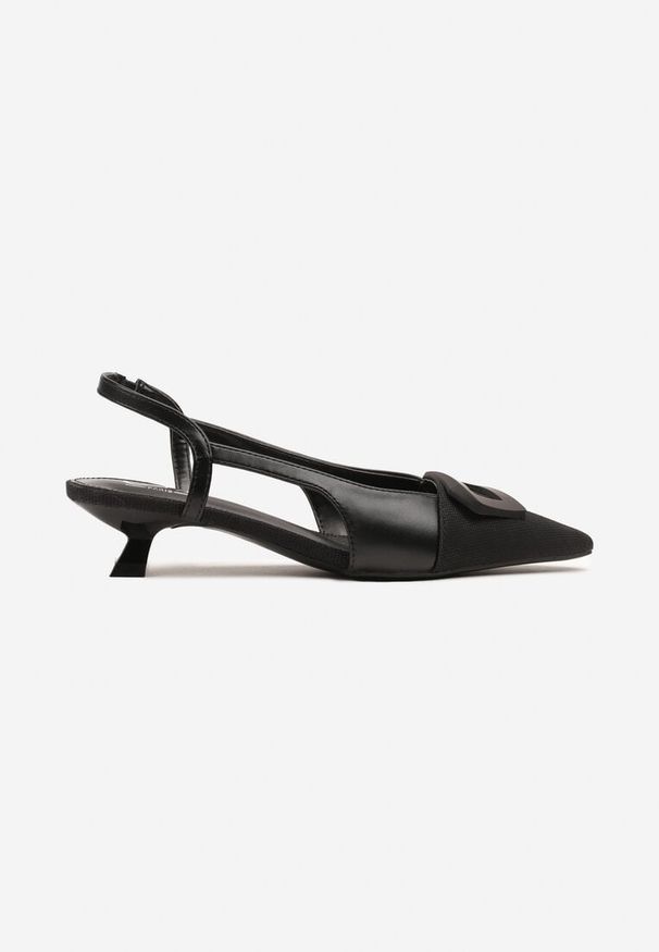 Born2be - Czarne Sandały Slingback na Obcasie Typu Kaczuszka Zdobione Klamerką Desanoria. Okazja: na co dzień. Kolor: czarny. Materiał: jeans. Wzór: aplikacja. Obcas: na obcasie. Styl: elegancki, casual. Wysokość obcasa: średni