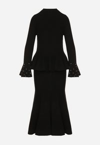 Born2be - Czarny Dzianinowy Komplet z Wiskozą Spódnica i Sweter z Baskinką i Cyrkoniami Neora. Kolor: czarny. Materiał: wiskoza, dzianina #3