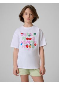 4f - 4F T-shirt loose z nadrukiem dziewczęcy - biały 146/152 (10-12 lat). Okazja: na spacer, na co dzień, na uczelnię. Kolor: biały. Materiał: dzianina, bawełna, skóra, materiał. Wzór: nadruk. Sezon: lato. Styl: casual #1