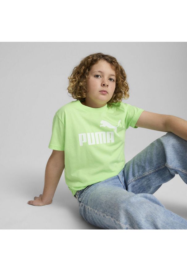 Puma - Młodzieżowa koszulka ESS z logo No. 1 PUMA Green Terrain. Kolor: zielony. Materiał: guma. Wzór: nadruk. Sport: joga i pilates