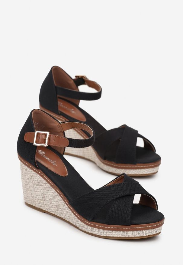 Renee - Czarne Sandały Espadryle na Wysokim Koturnie z Plecionką Nitzy. Kolor: czarny. Obcas: na koturnie. Styl: wakacyjny, boho