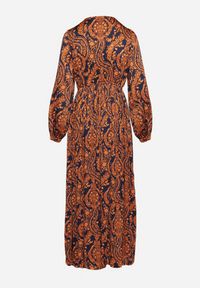 Born2be - Brązowa Sukienka Maxi z Plisowanym Dołem i Gumką w Pasie w Ornamentalny Wzór Vuvina. Kolor: brązowy. Materiał: tkanina. Długość: maxi #3