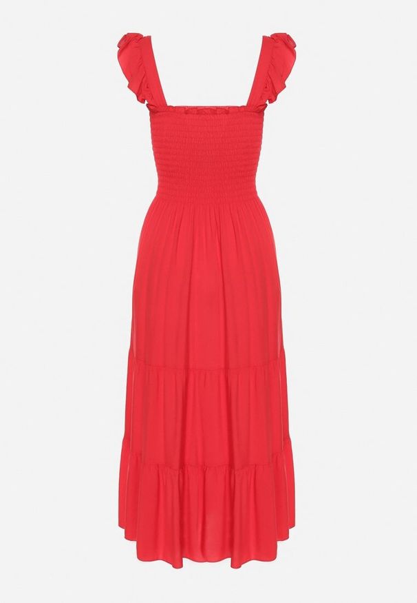 Born2be - Czerwona Rozkloszowana Bawełniana Sukienka na Ramiączkach z Gumkami i Falbanką Mevesta. Okazja: na spacer. Typ kołnierza: kołnierz z falbankami, dekolt kwadratowy. Kolor: czerwony. Materiał: bawełna. Długość rękawa: na ramiączkach