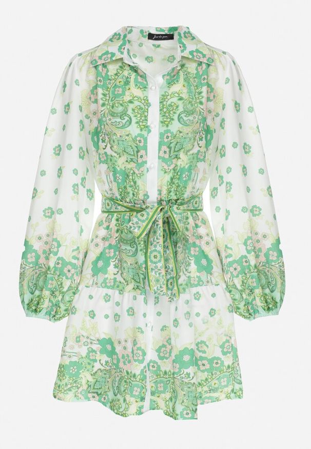 Born2be - Jasnozielona Koszulowa Sukienka z Guzikami i Gumką w Pasie Melija. Kolor: zielony. Materiał: materiał. Wzór: kwiaty. Sezon: wiosna, lato. Typ sukienki: koszulowe