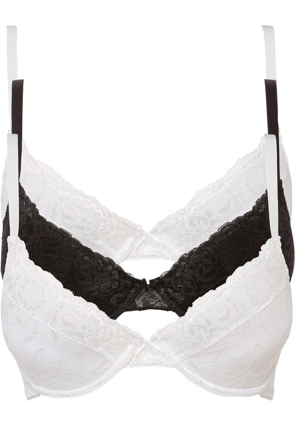 bonprix - Biustonosz push up z delikatną koronką (3 szt.). Kolor: czarny. Materiał: bawełna, koronka. Rodzaj stanika: push-up. Wzór: koronka