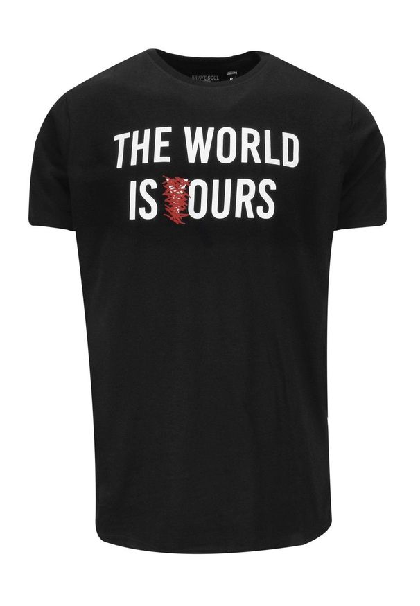 Brave Soul - T-Shirt Czarny z Nadrukiem THE WORLD IS OURS, Okrągły Dekolt -BRAVE SOUL. Okazja: na co dzień. Kolor: czarny. Materiał: bawełna. Wzór: nadruk. Styl: casual