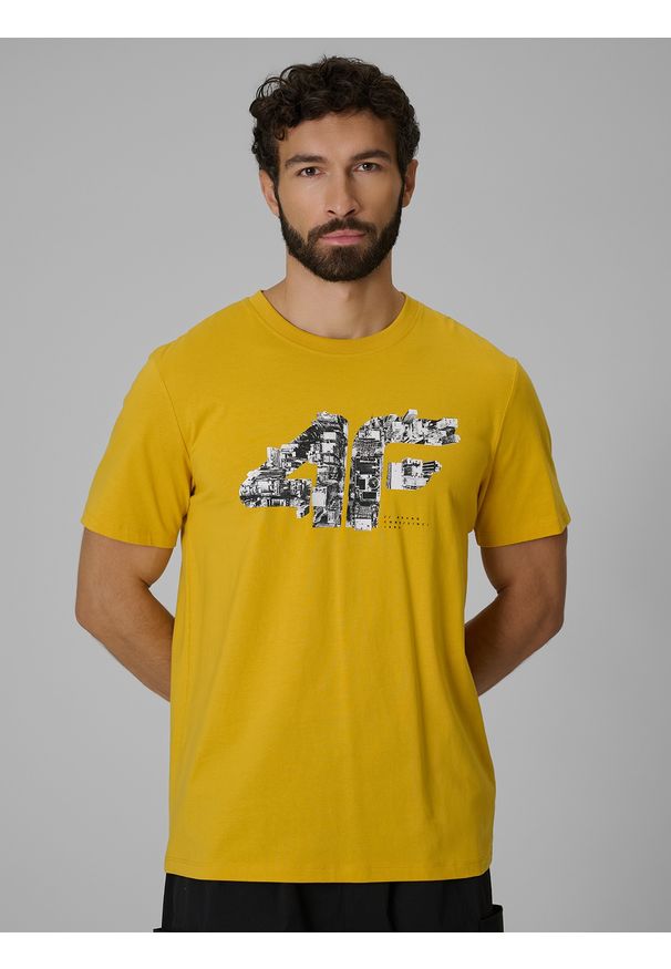 4f - 4F T-shirt regular z nadrukiem męski - żółty M. Okazja: na co dzień. Kolor: żółty. Materiał: materiał, bawełna, dzianina. Wzór: nadruk. Styl: casual, klasyczny