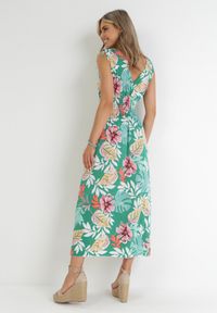 Born2be - Zielona Sukienka w Kwiaty z Gumką w Pasie Dionothy. Kolor: zielony. Wzór: kwiaty #4