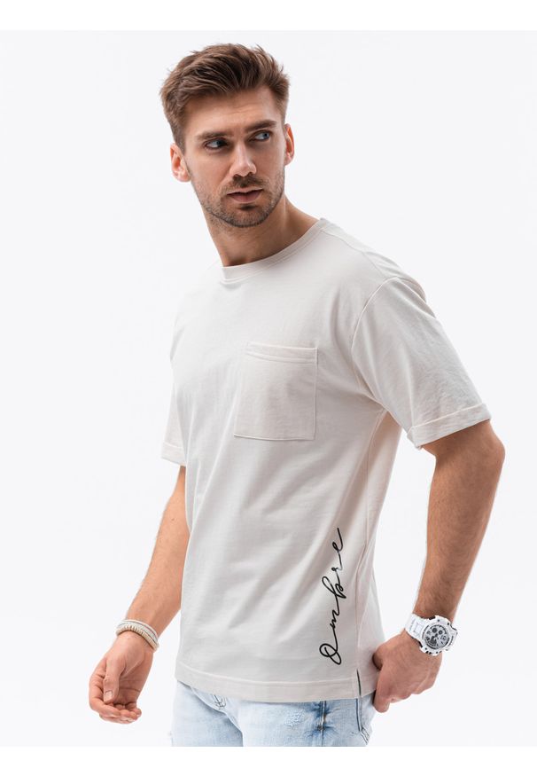 Ombre Clothing - T-shirt męski z nadrukiem S1371 - ecru - XXL. Materiał: bawełna, dzianina, poliester. Wzór: nadruk