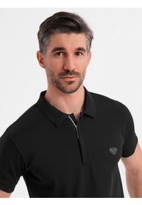 Ombre Clothing - Koszulka męska polo z dekoltem na zamek - czarna V6 - Rozmiar: M. Okazja: na co dzień. Typ kołnierza: polo. Kolor: czarny. Materiał: bawełna, elastan, dzianina. Styl: sportowy, casual, elegancki #7