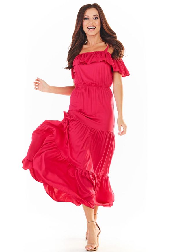 Awama - Długa Sukienka w Hiszpańskim Stylu - Fuksja. Kolor: różowy. Materiał: elastan, wiskoza. Długość: maxi