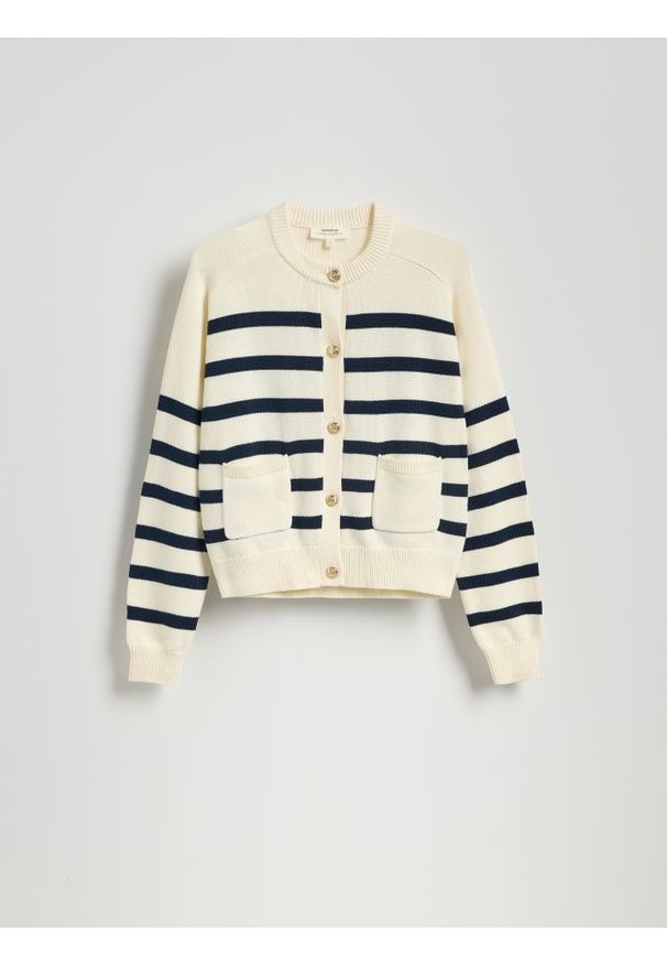 Reserved - Bawełniany kardigan w paski - granatowy. Kolor: niebieski. Materiał: bawełna. Wzór: paski