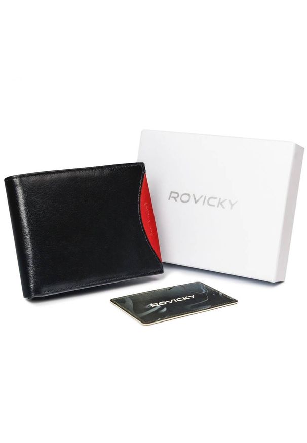 ROVICKY - Portfel męski czarny z czerwoną wstawką Rovicky 1567-03-BOR-1379 BLA. Kolor: czerwony, czarny, wielokolorowy. Materiał: skóra