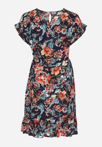 Born2be - Granatowa Bawełniana Sukienka w Kwiaty o Pudełkowym Fasonie ze Sznurkiem w Talii Risallise. Okazja: na spacer, na imprezę. Kolor: niebieski. Materiał: bawełna. Długość rękawa: krótki rękaw. Wzór: kwiaty. Styl: retro, wizytowy #2