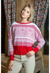 Fobya - Biało Czerwony Nietoperzowy Sweter z Kolorowym Wzorem. Kolor: biały, czerwony, wielokolorowy. Materiał: akryl. Wzór: kolorowy #1