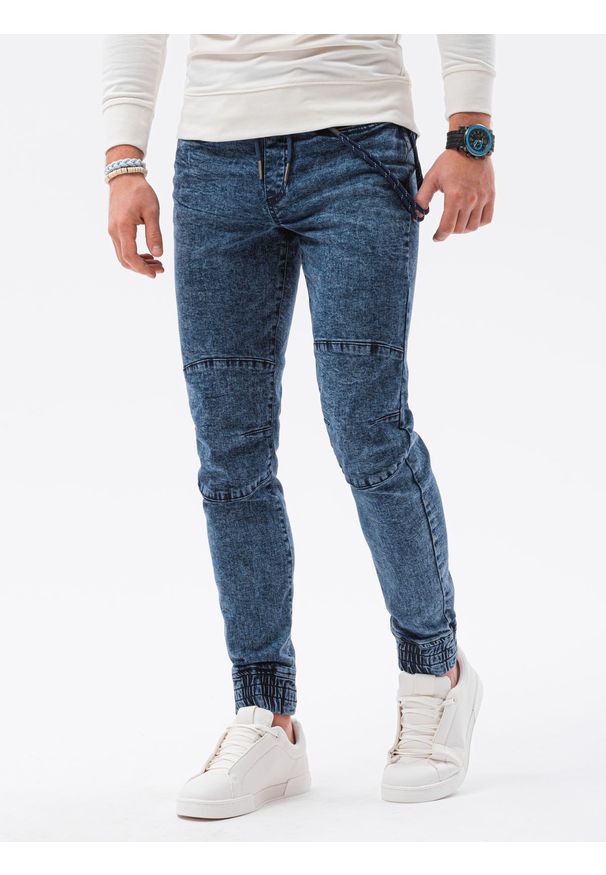 Ombre Clothing - Spodnie męskie jeansowe joggery P1056 - niebieskie - XXL. Kolor: niebieski. Materiał: jeans