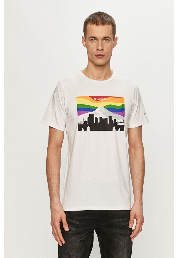 columbia - Columbia - T-shirt. Okazja: na co dzień. Kolor: biały. Materiał: skóra. Wzór: nadruk. Styl: casual