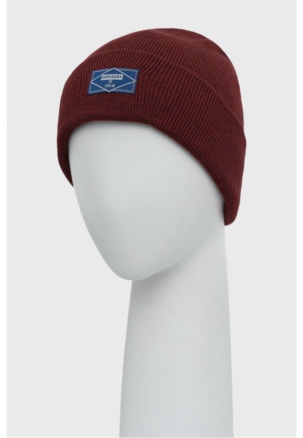 Superdry Czapka kolor bordowy z cienkiej dzianiny. Kolor: czerwony. Materiał: dzianina