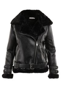 Born2be - Czarna Kurtka Biker Thalica. Okazja: na co dzień. Kolor: czarny. Materiał: futro. Długość rękawa: długi rękaw. Długość: krótkie. Wzór: aplikacja. Sezon: zima, jesień. Styl: casual #6