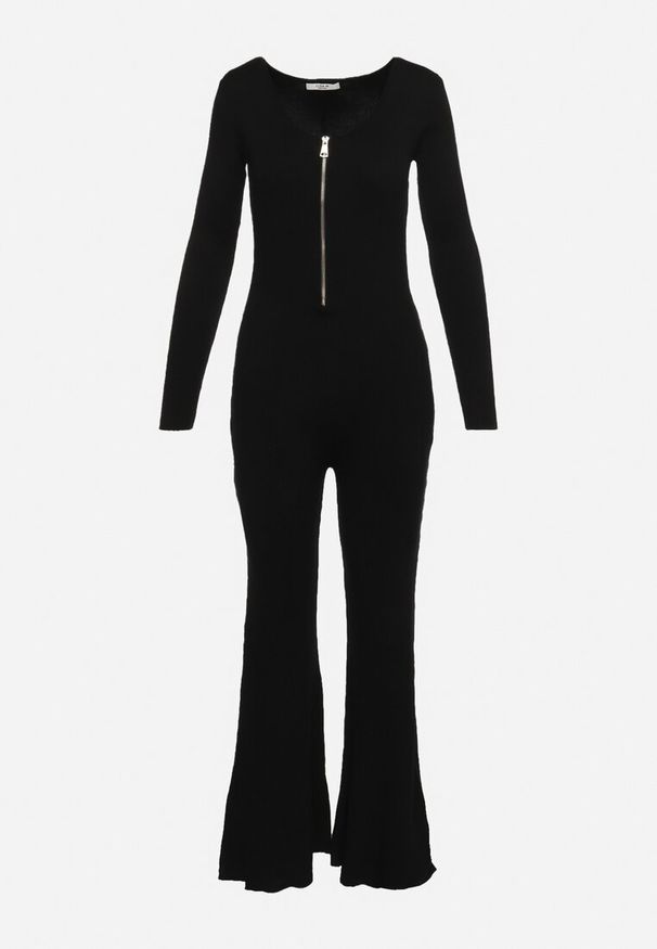 Born2be - Czarny Wiskozowy Kombinezon Bodycon z Prążkowaniem i Suwakiem Alnorema. Kolor: czarny. Materiał: wiskoza, prążkowany. Styl: elegancki