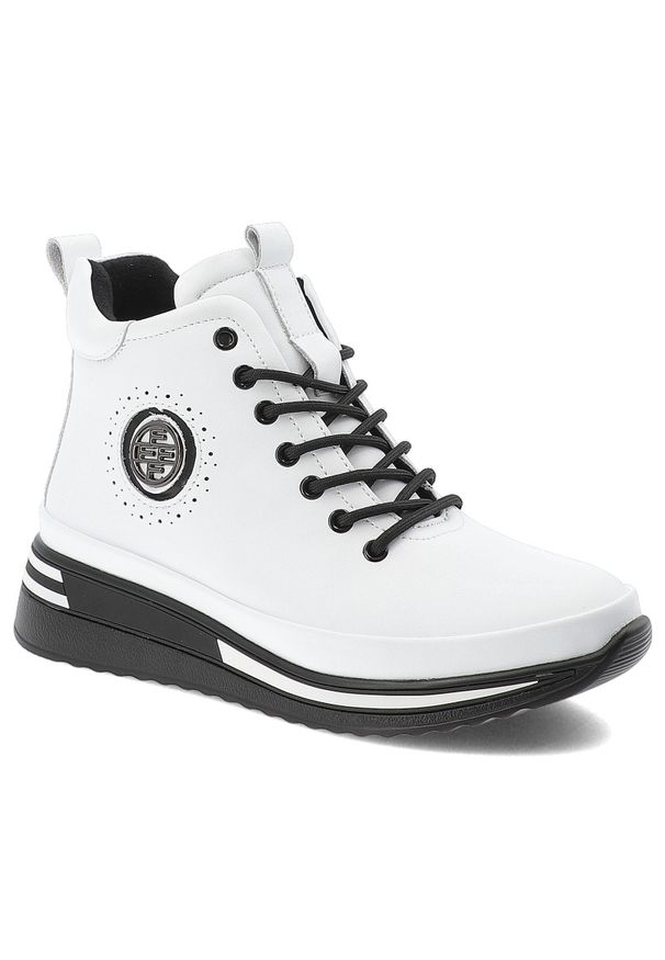 Białe Botki Filippo Modne Obuwie Damskie. Okazja: na co dzień. Zapięcie: sznurówki. Kolor: biały. Materiał: skóra ekologiczna. Szerokość cholewki: normalna. Styl: casual, sportowy