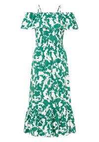 Sukienka z dekoltem carmen bonprix biel wełny - zielony butelkowy w kwiaty. Typ kołnierza: typu carmen. Kolor: biały. Materiał: wełna. Wzór: kwiaty #1
