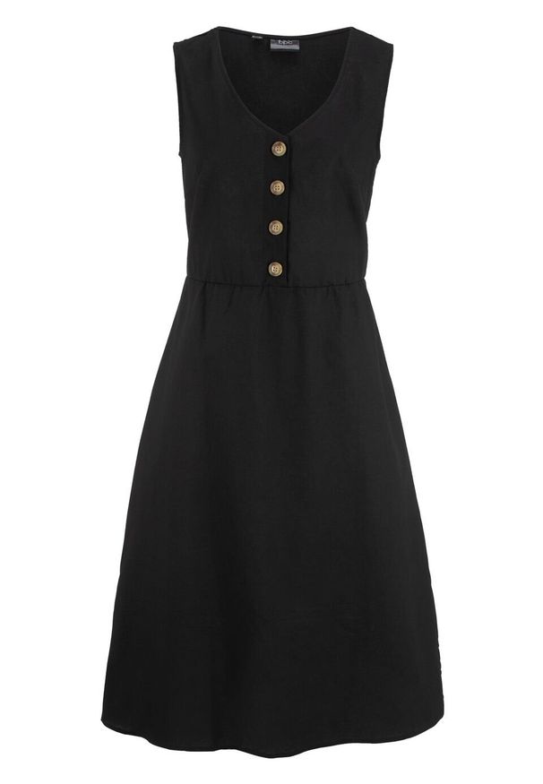 Sukienka lniana midi z plisą guzikową bonprix czarny. Kolor: czarny. Materiał: len. Długość: midi
