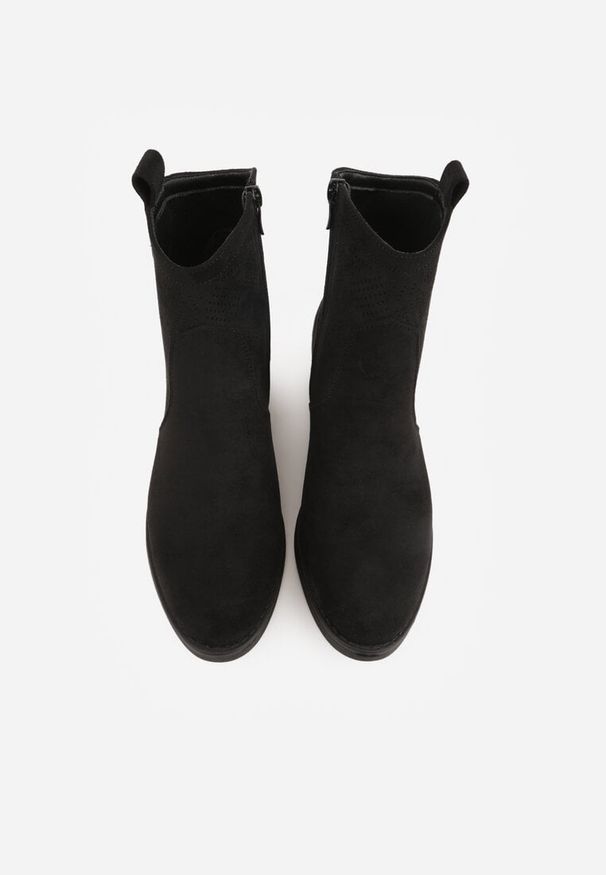 Renee - Czarne Ażurowe Botki na Słupku Typu Kowbojki Iolerine. Kolor: czarny. Materiał: jeans, skóra. Wzór: ażurowy. Obcas: na słupku. Styl: elegancki, boho