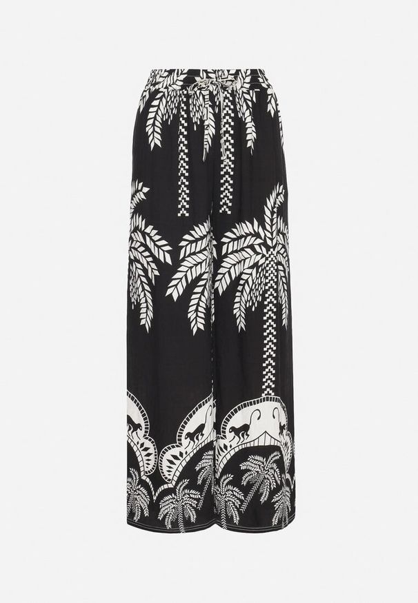 Born2be - Czarne Wiskozowe Szerokie Spodnie z Wysokim Stanem z Palmami Bolritia. Okazja: do pracy, na co dzień, na spotkanie biznesowe. Stan: podwyższony. Kolor: czarny. Materiał: wiskoza. Styl: klasyczny, casual, elegancki, biznesowy