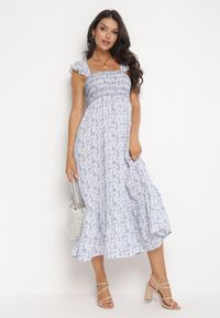 Born2be - Niebieska Rozkloszowana Sukienka Maxi na Szerokich Ramiączkach z Falbankami Trentia. Typ kołnierza: kołnierz z falbankami. Kolor: niebieski. Długość rękawa: na ramiączkach. Długość: maxi #4