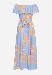 Born2be - Niebieska Sukienka Hiszpanka o Rozkloszowanym Kroju z Wiązanym Paskiem Sesiniela. Okazja: na co dzień. Typ kołnierza: dekolt hiszpanka. Kolor: niebieski. Typ sukienki: rozkloszowane. Styl: casual, elegancki #7