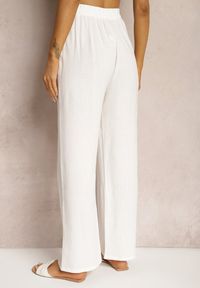 Renee - Białe Spodnie z Szerokimi Prostymi Nogawkami High Waist z Lnem Amivesa. Okazja: do pracy, na spotkanie biznesowe. Stan: podwyższony. Kolor: biały. Materiał: len. Styl: biznesowy