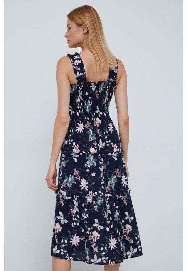 Vero Moda sukienka kolor granatowy midi rozkloszowana. Kolor: niebieski. Materiał: materiał, tkanina, wiskoza. Długość rękawa: na ramiączkach. Typ sukienki: rozkloszowane. Długość: midi