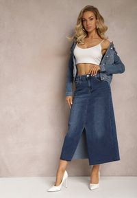 Renee - Granatowa Spódnica Maxi z Rozcięciem z Jeansu Vonuline. Stan: podwyższony. Kolor: niebieski. Materiał: jeans. Styl: sportowy, elegancki