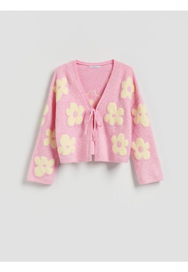 Reserved - Wzorzysty kardigan - różowy. Kolor: różowy. Materiał: dzianina, wełna