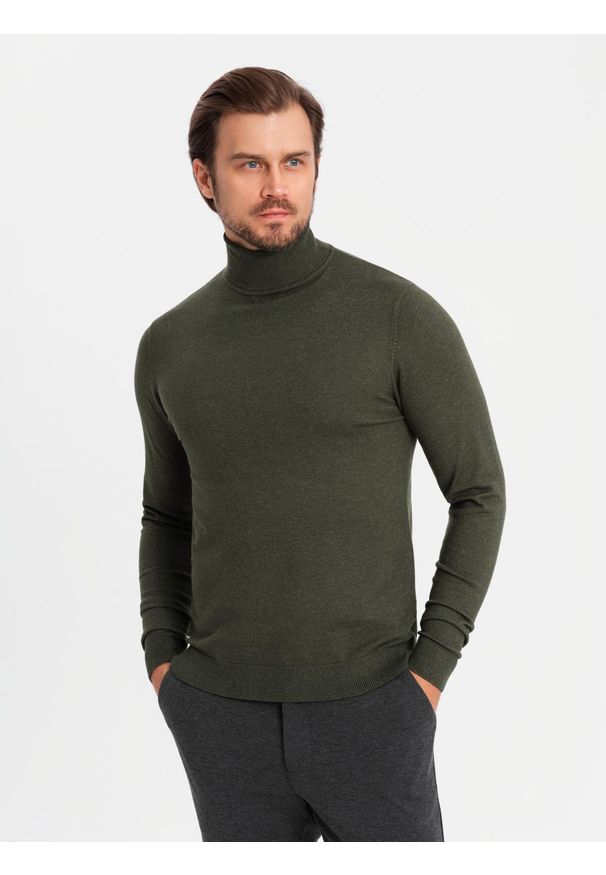 Ombre Clothing - Dzianinowy golf męski z wiskozą – ciemnooliwkowy melanż V5 - Rozmiar: XXL. Typ kołnierza: golf. Kolor: niebieski, zielony. Materiał: wiskoza, dzianina. Wzór: melanż. Styl: klasyczny, elegancki