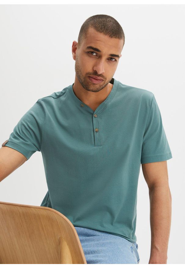 bonprix - Koszulka z dekoltem henley z czystej bawełny organicznej (2 szt.). Typ kołnierza: typu henley. Kolor: niebieski. Materiał: bawełna. Długość rękawa: krótki rękaw. Długość: krótkie. Styl: elegancki