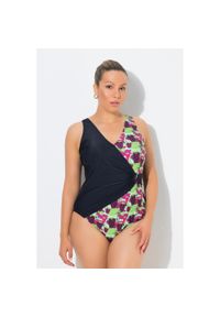 ULLA POPKEN - Damskie Strój kąpielowy efekt kopertowy miękkie miseczki ozdobna sprzączka. Kolekcja: plus size. Kolor: czarny. Materiał: poliester, elastan, poliamid, materiał #1