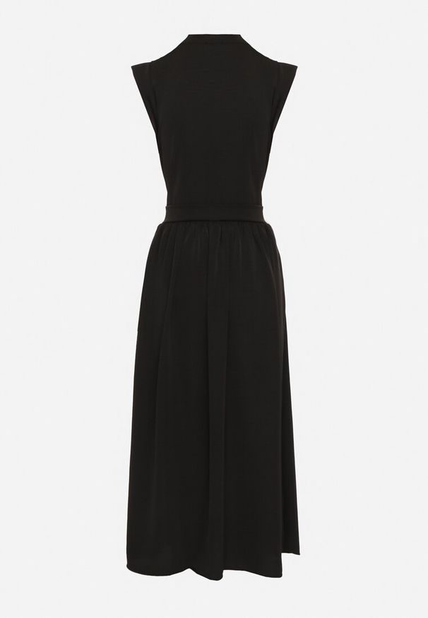 Born2be - Czarna Sukienka Koszulowa o Rozkloszowanym Kroju z Wiązaniem w Pasie Mavirielle. Okazja: na co dzień. Typ kołnierza: dekolt w serek. Kolor: czarny. Materiał: skóra. Długość rękawa: długi rękaw. Typ sukienki: koszulowe. Styl: casual, elegancki