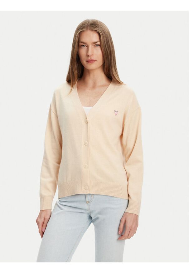 Guess Jeans Sweter 168521 Beżowy Classic Fit. Kolor: beżowy. Materiał: syntetyk