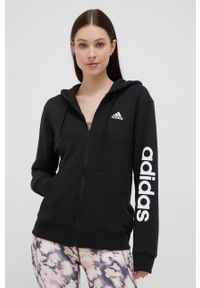 Adidas - adidas bluza bawełniana damska kolor czarny z kapturem z nadrukiem. Typ kołnierza: kaptur. Kolor: czarny. Materiał: bawełna. Wzór: nadruk #1