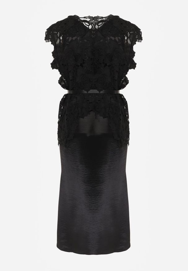 Renee - Czarny Bawełniano-Wiskozowy Komplet z Koronkową Bluzką i Satynową Sukienką Peisiete. Kolor: czarny. Materiał: wiskoza, bawełna, koronka, satyna. Wzór: koronka